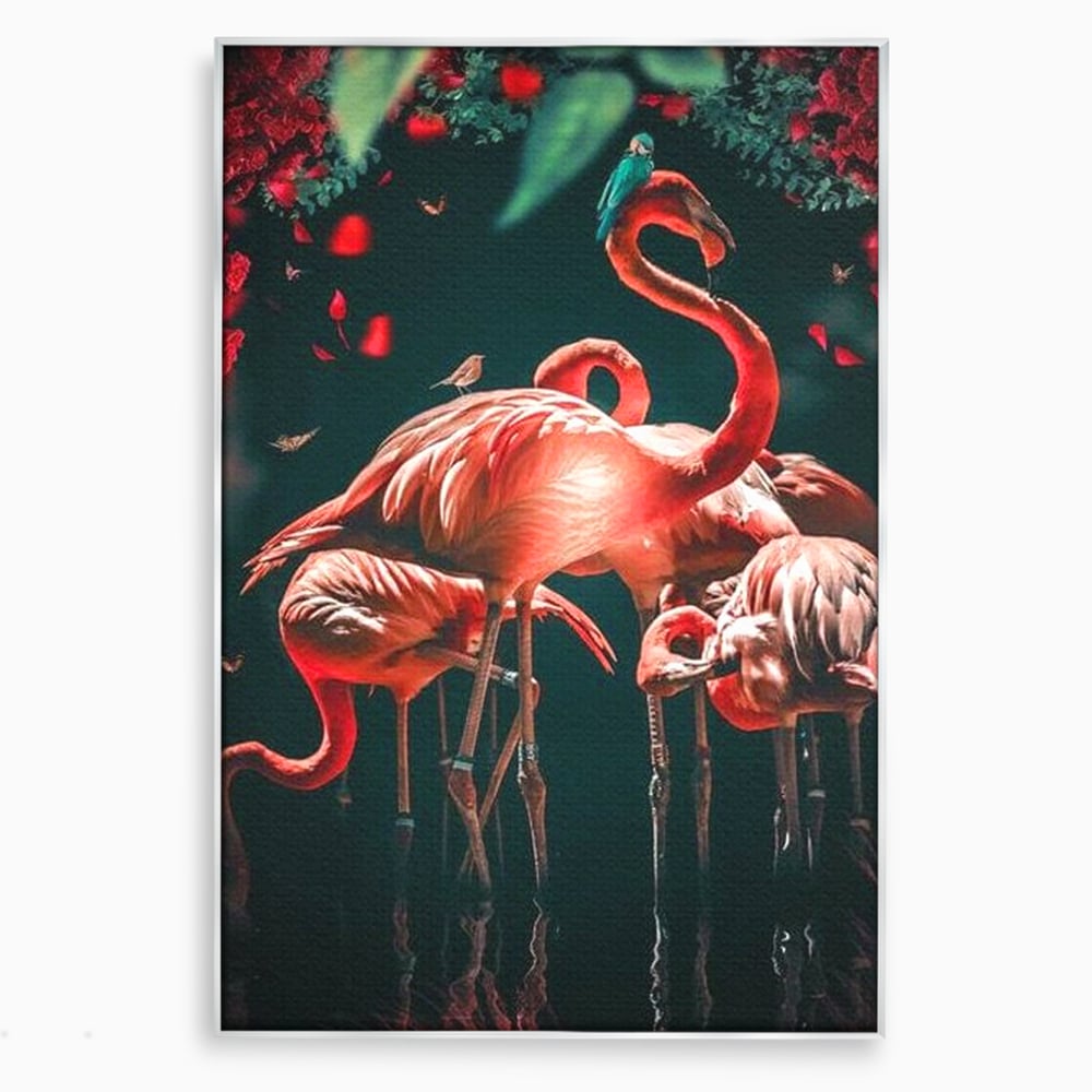 Tablou canvas cu tablou canvas cu flamingo roz, in rama de aluminiu argintiu